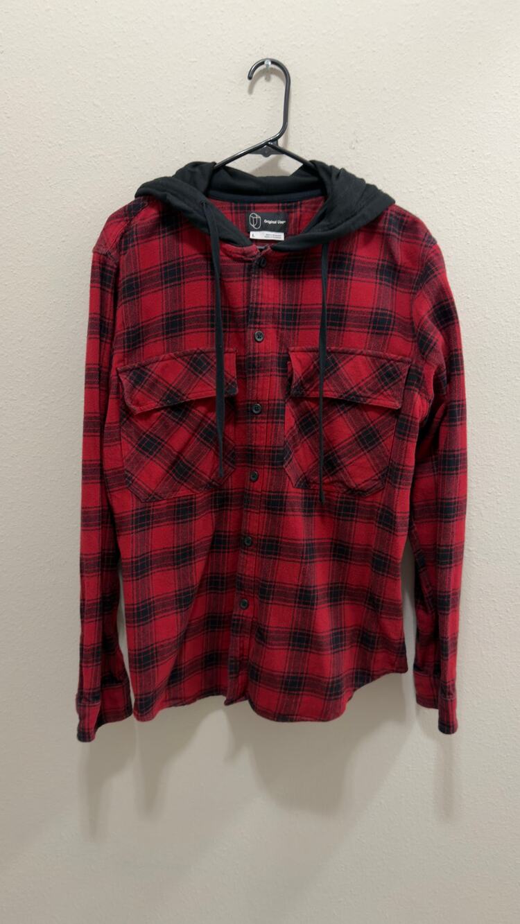 Original Use Mens Red Plaid Hooded Flannel Button Up Large